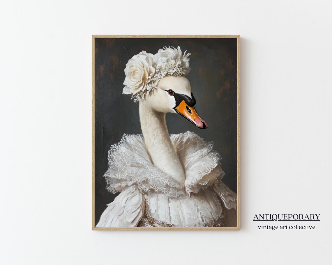 Elegant White Swan Lady Lace Ruff Floral Headdress Oil Portrait Poster
