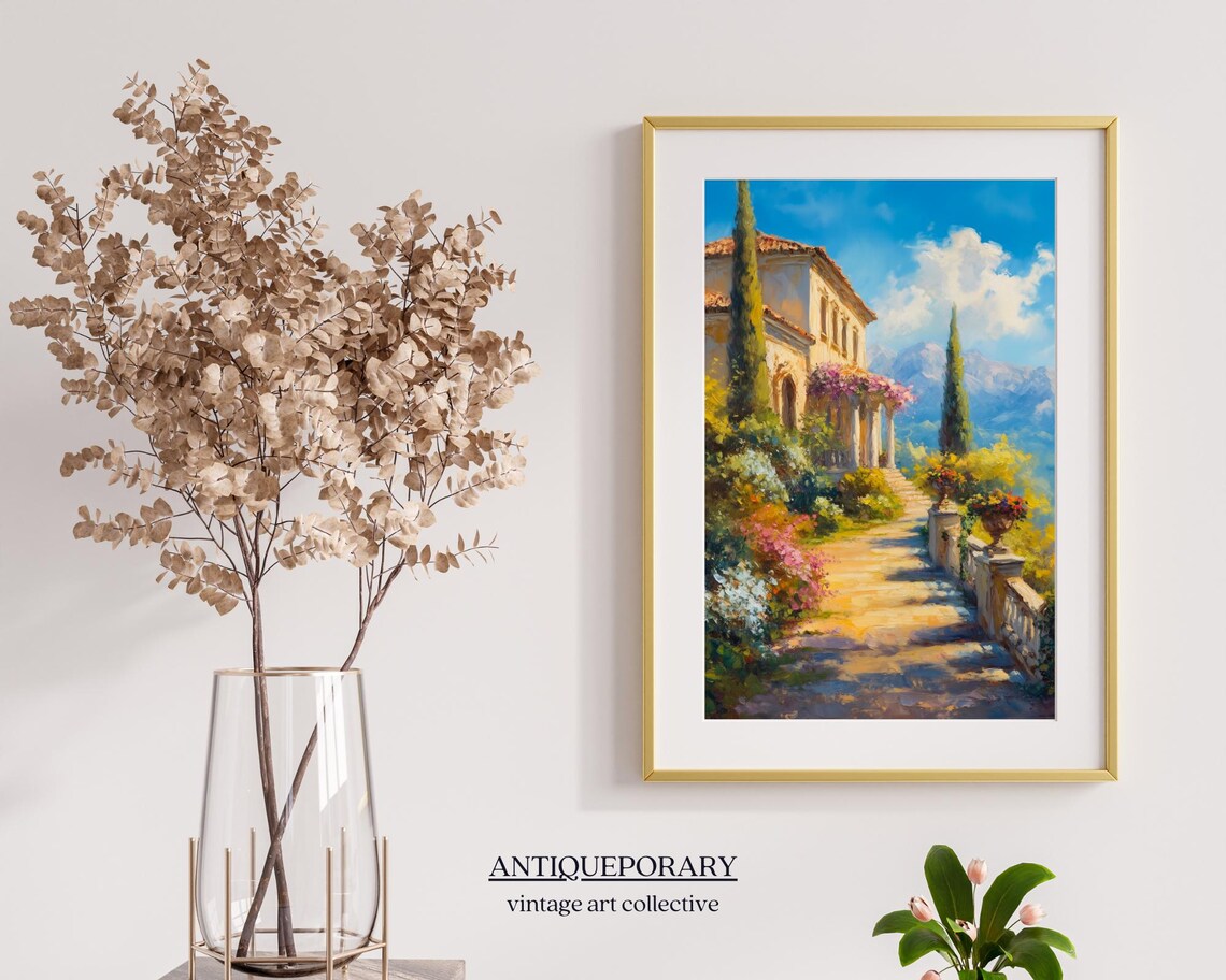 European Villa Terrace Cypress Garden Sunny Oil Painting Poster - Image 6