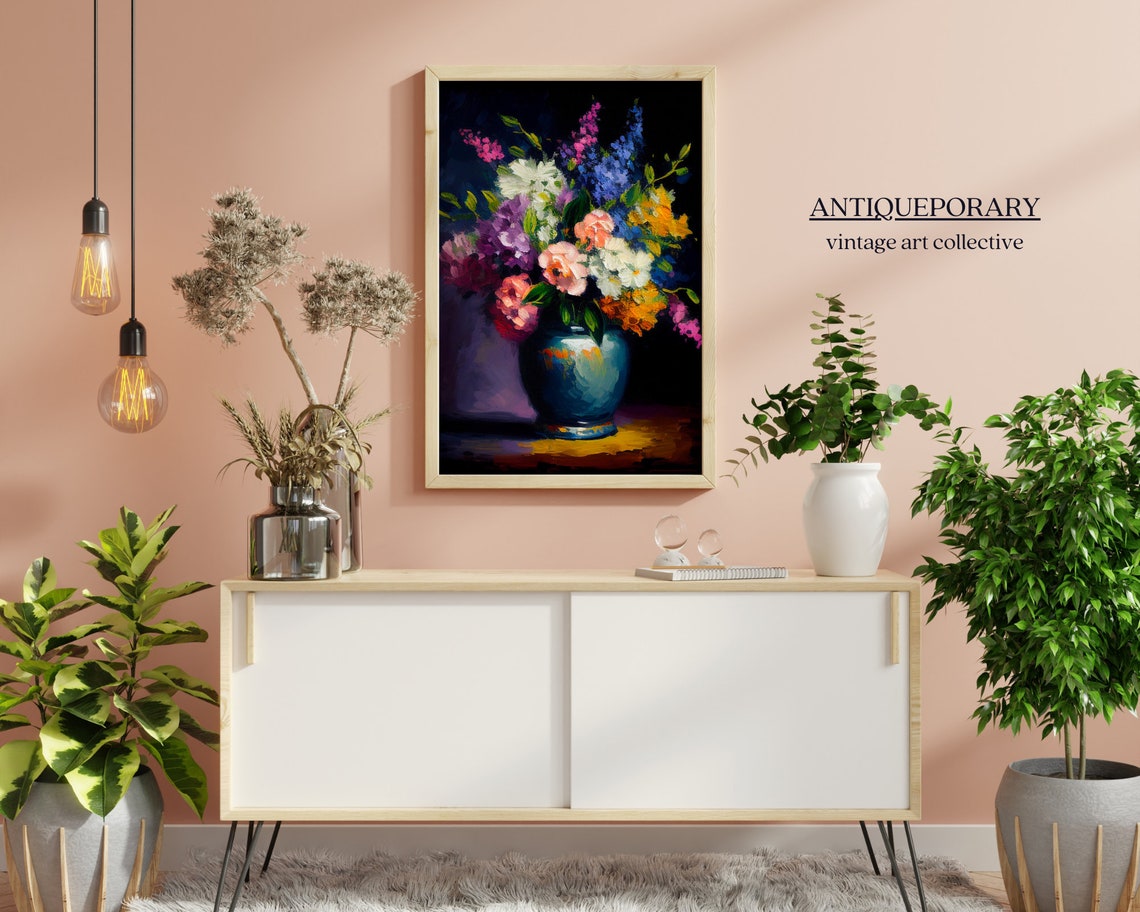 Lush Colorful Bouquet in Teal Ceramic Vase Dark Background Print - Image 3