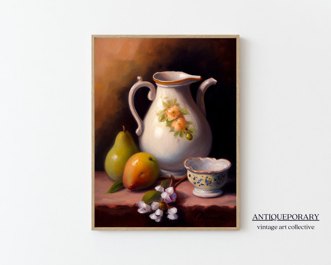 Moody Ceramic Pitcher with Pear Citrus Berries Still Life Print