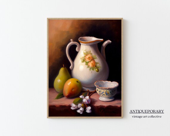 Dark Moody Still Life Painting Kitchen Still Life Art Print Vintage Farmhouse Wall Art Kitchen Jug Print Pottery Still Life