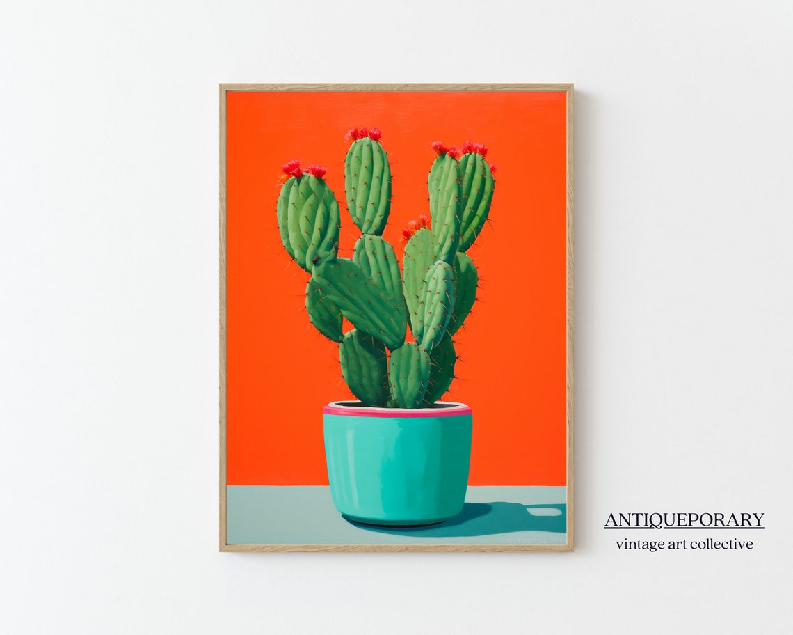 Prickly Pear Cactus Turquoise Pot Orange Abstract Still Life Poster