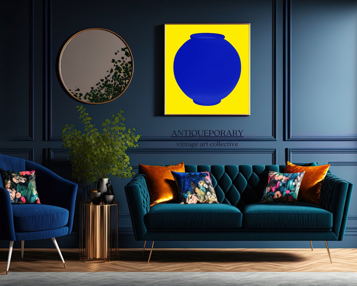 Bold Cobalt Blue Vase Silhouette on Bright Yellow Pop Art Poster - Image 6