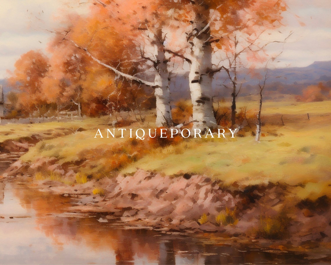 Autumn Birch Trees Stream Farmhouse Golden Fall Landscape Poster - Image 2