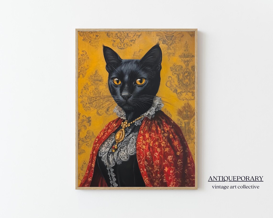 Royal Black Cat Portrait Golden Eyes Red Brocade Shawl Poster