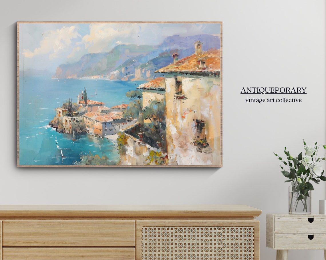 Rustic Landscape Painting Vintage European Country Painting French Lake Village Print Antique Villa Art - Image 5