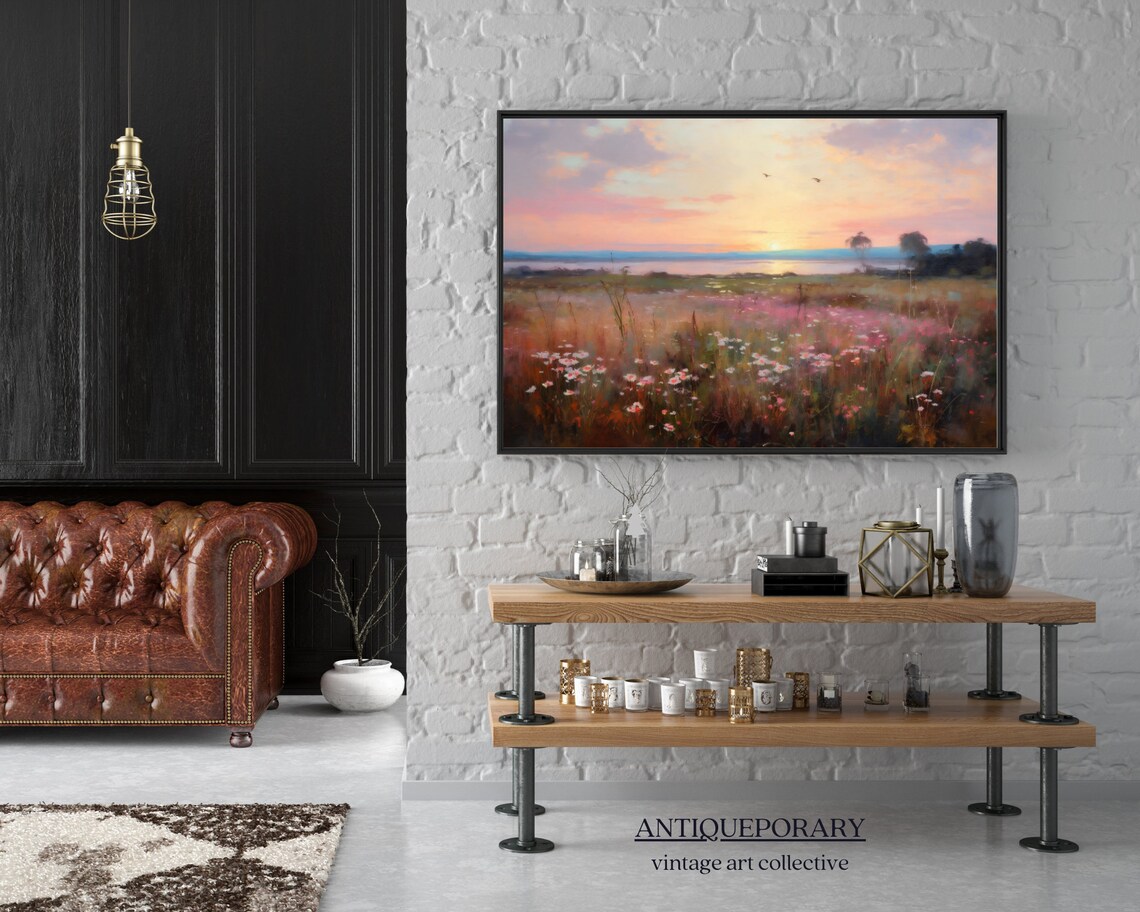 Sunset Wildflower Field Lake Reflection Impressionist Style Poster - Image 6