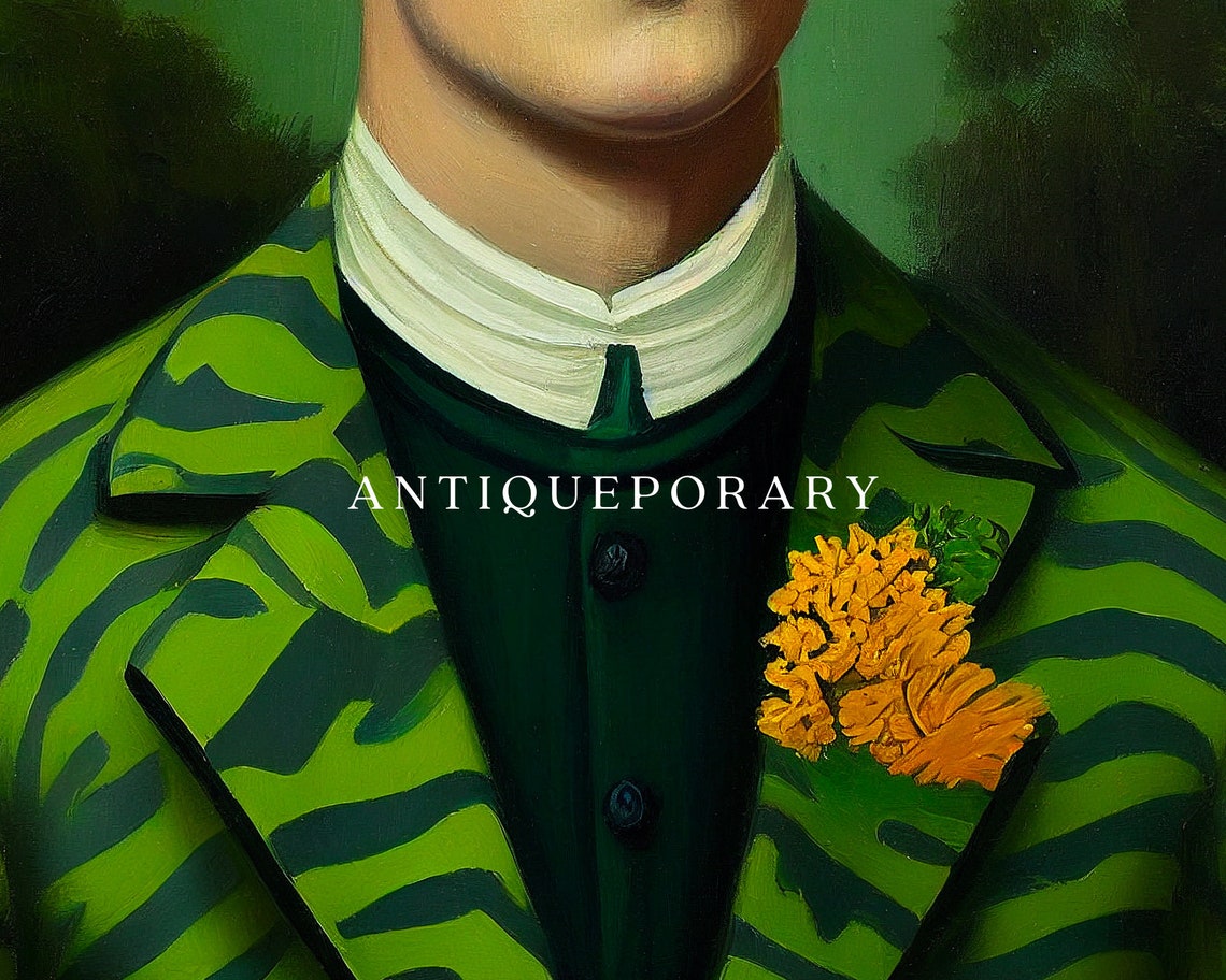 Gentleman in Leaf Pattern Suit Green Jungle Vintage Portrait Poster - Image 2