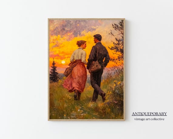 Vintage Portrait Of Lovers At Sunset Painting Vintage Wall Art Moody Warm Tones Decor Antique Woman Print Bedroom Wall Decor