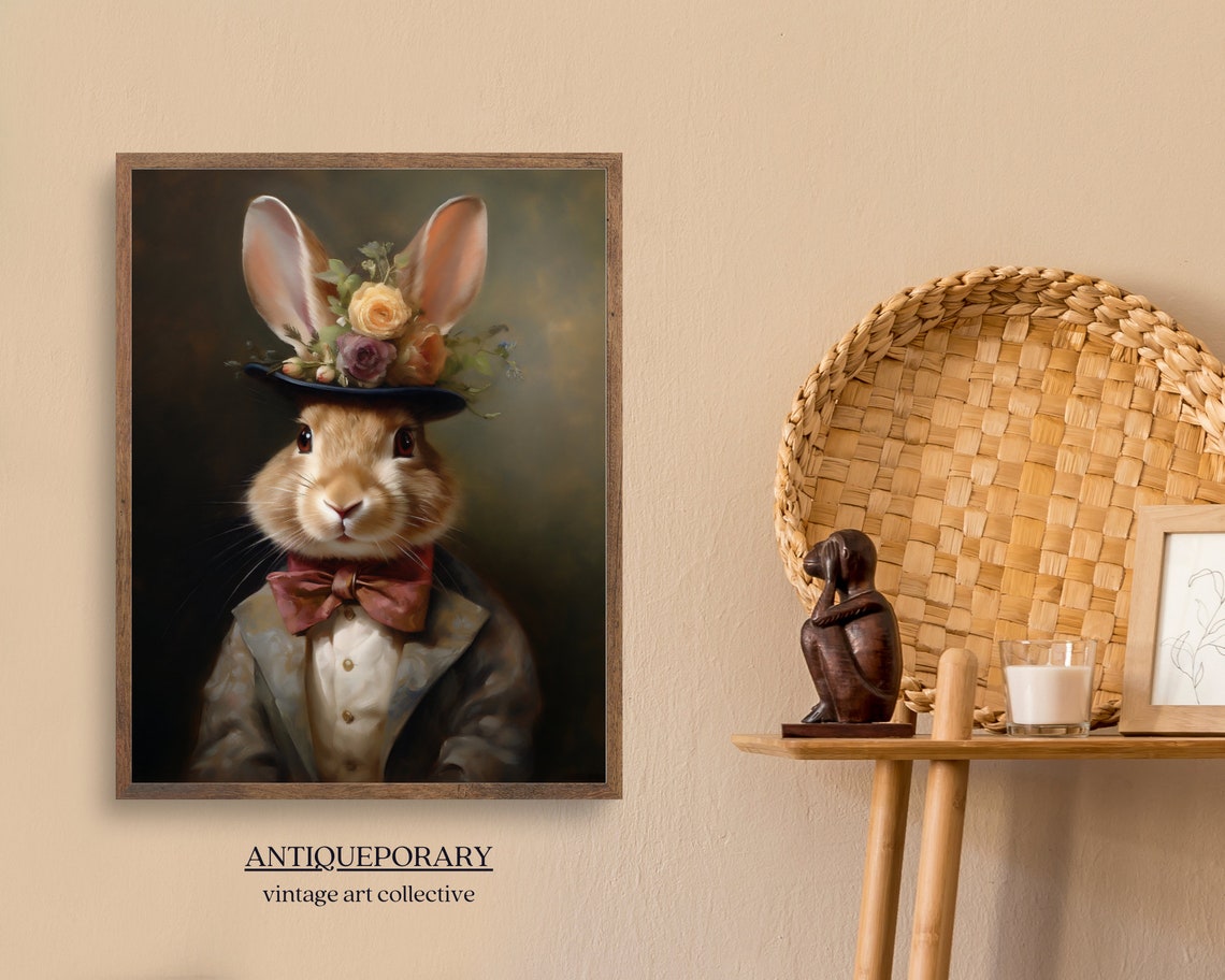 Gentleman Rabbit Floral Top Hat Bow Tie Vintage Animal Portrait Poster - Image 2