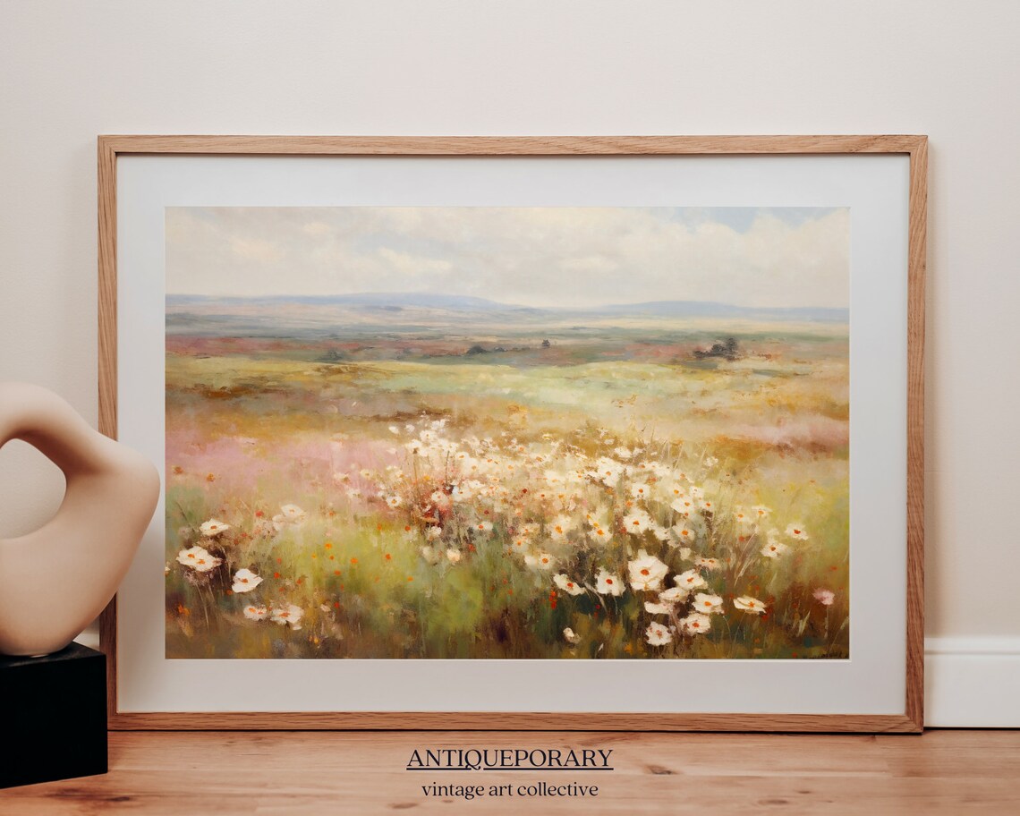 White Daisy Prairie Under Open Sky Vintage Wildflower Landscape Poster - Image 4