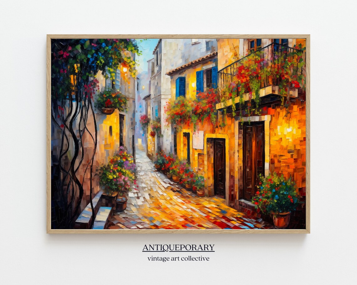 Flower Filled Italian Alley Cobblestone Street Warm Light Art Poster