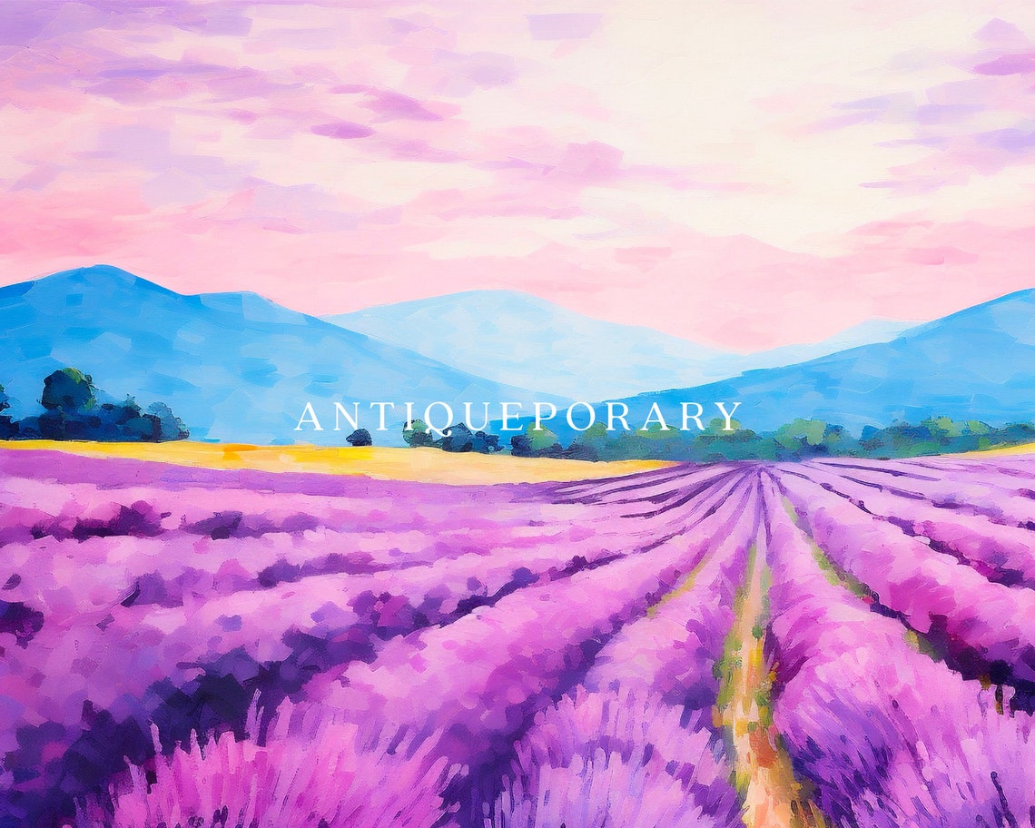 Lavender Field Rows Pink Sunset Landscape Mountain Painting Poster - Image 3