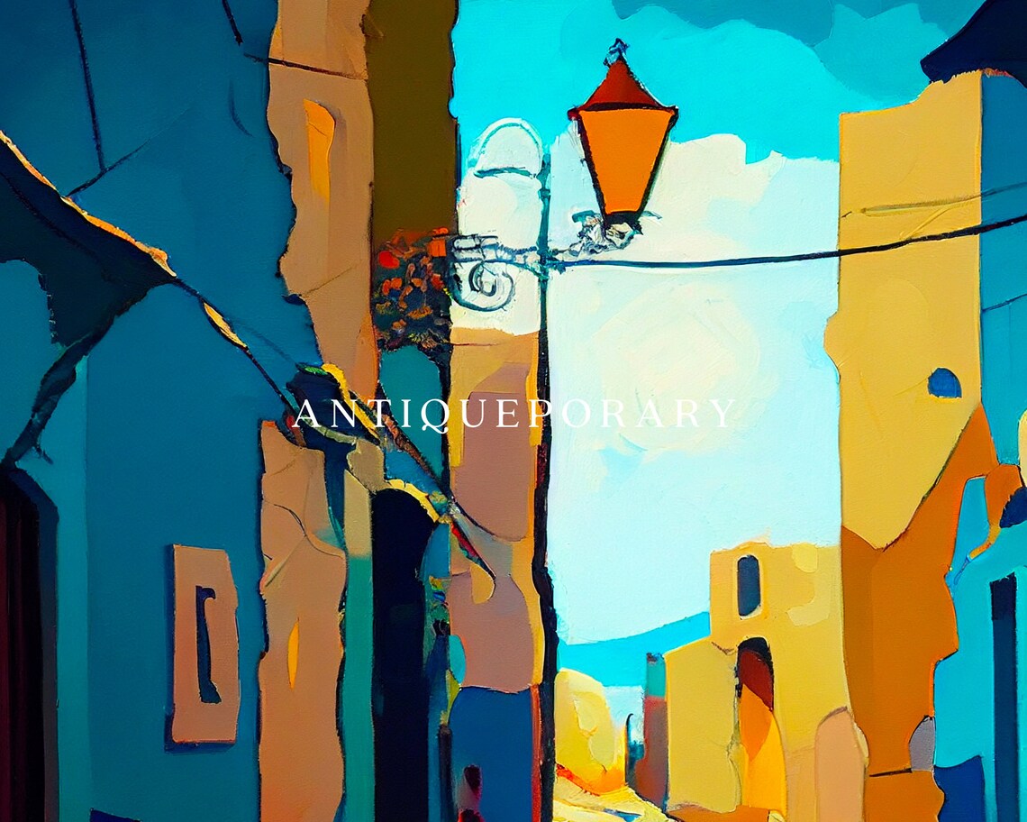 Vivid Abstract City Alley Painting Bold Blue Orange Street Poster - Image 3