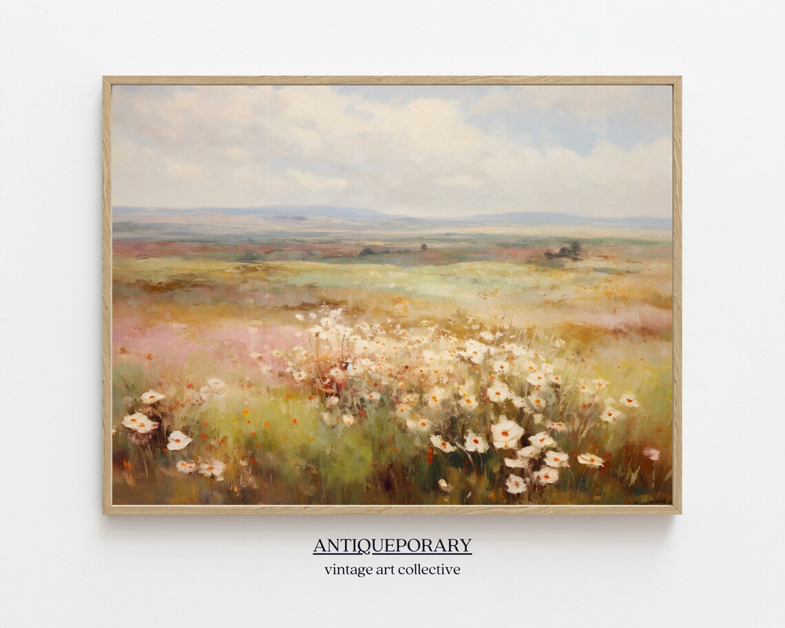 White Daisy Prairie Under Open Sky Vintage Wildflower Landscape Poster