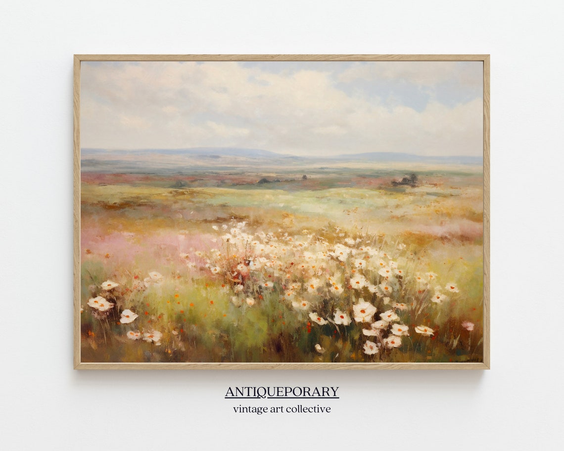 Wildflower Field Landscape Oil Painting Vintage Landscape Art Print White Flowers Country Field Art Nature Art