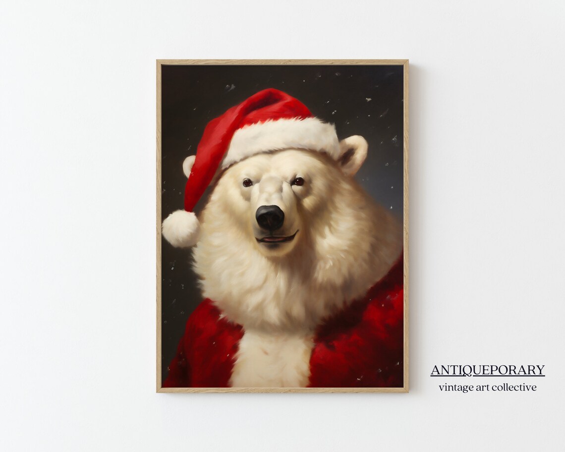 Christmas Santa Polar Bear Portrait Vintage Holiday Art Poster
