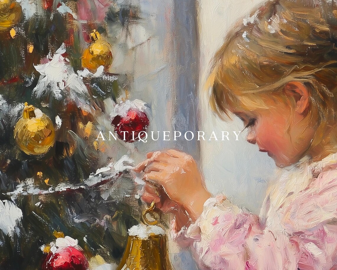 Little Girl Hanging a Golden Bell on a Snowy Christmas Tree Poster - Image 3