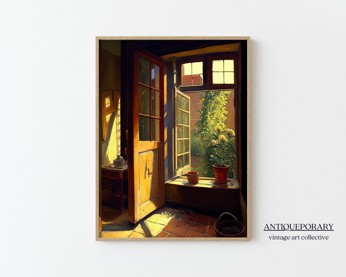 Sunlit Open French Doors Garden Interior Moody Vintage Painting Poster