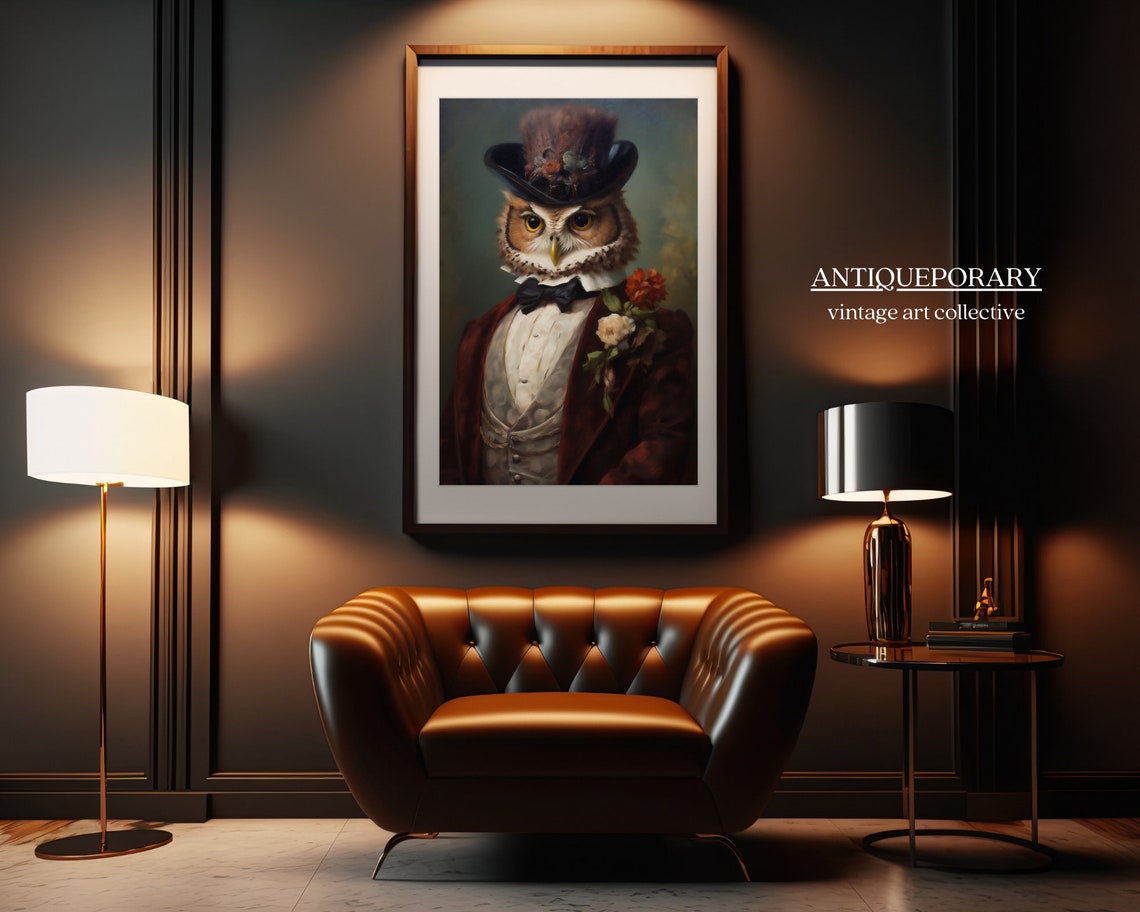 Owl Gentleman in Feathered Top Hat Bow Tie and Red Coat Poster - Image 6
