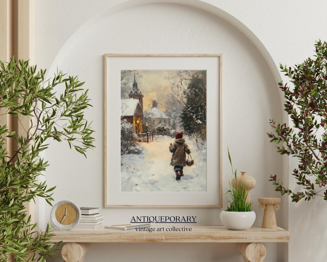 Child Walking a Snowy Village Street at Dusk Winter Scene Poster - Image 5