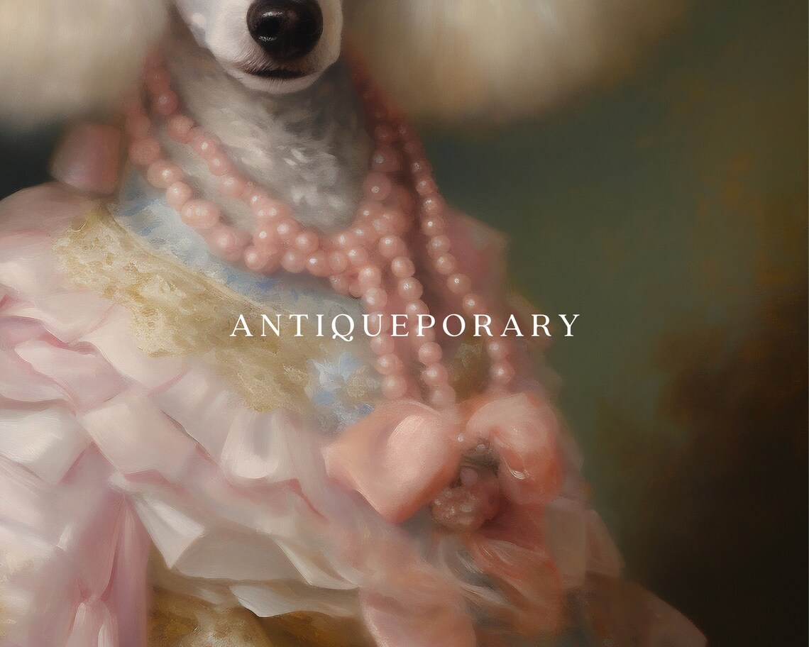 Elegant Poodle Lady in Pink Gown Pearl Necklace Portrait Wall Art - Image 2