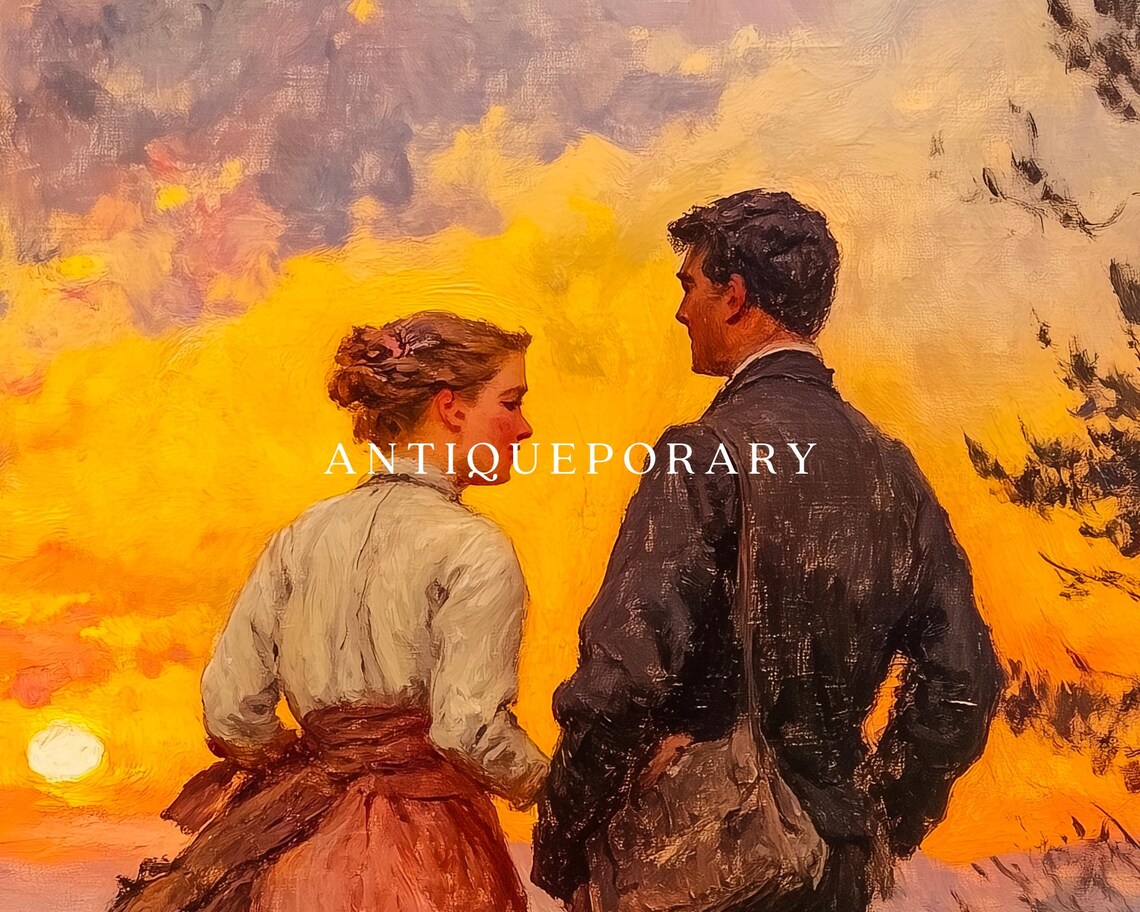 Vintage Lovers at Sunset Romantic Couple Walking Through Field Poster - Image 3