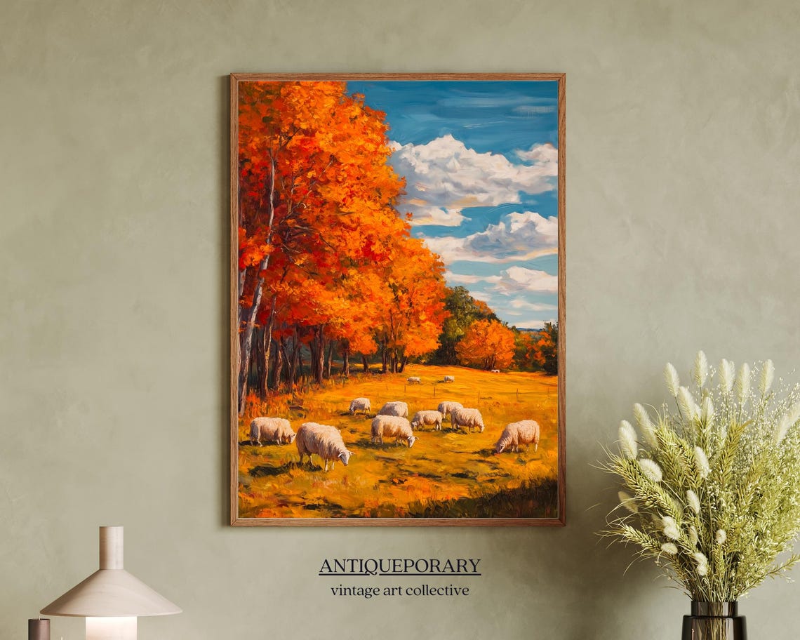 Autumn Sheep Pasture Golden Fall Trees Rustic Oil Painting Poster - Image 7