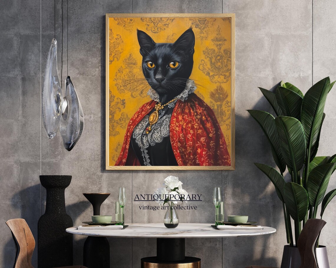 Royal Black Cat Portrait Golden Eyes Red Brocade Shawl Poster - Image 6