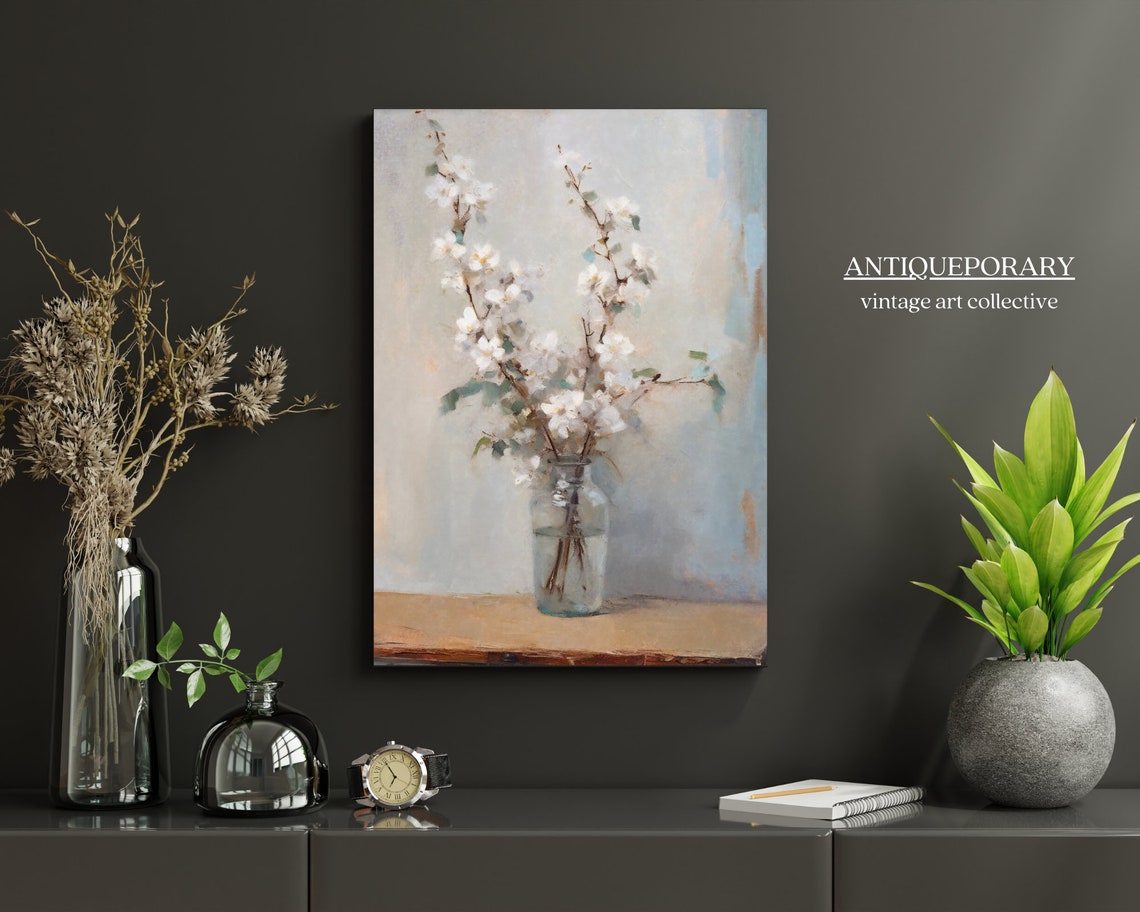 White Blossom Branches in Glass Jar Soft Neutral Still Life Print - Image 4