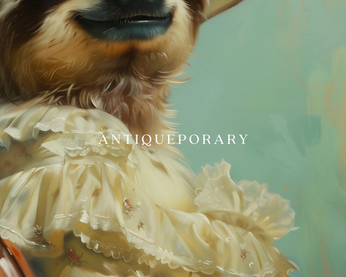 Sloth Lady in a Floral Hat and Ruffled Cream Victorian Dress Poster - Image 2