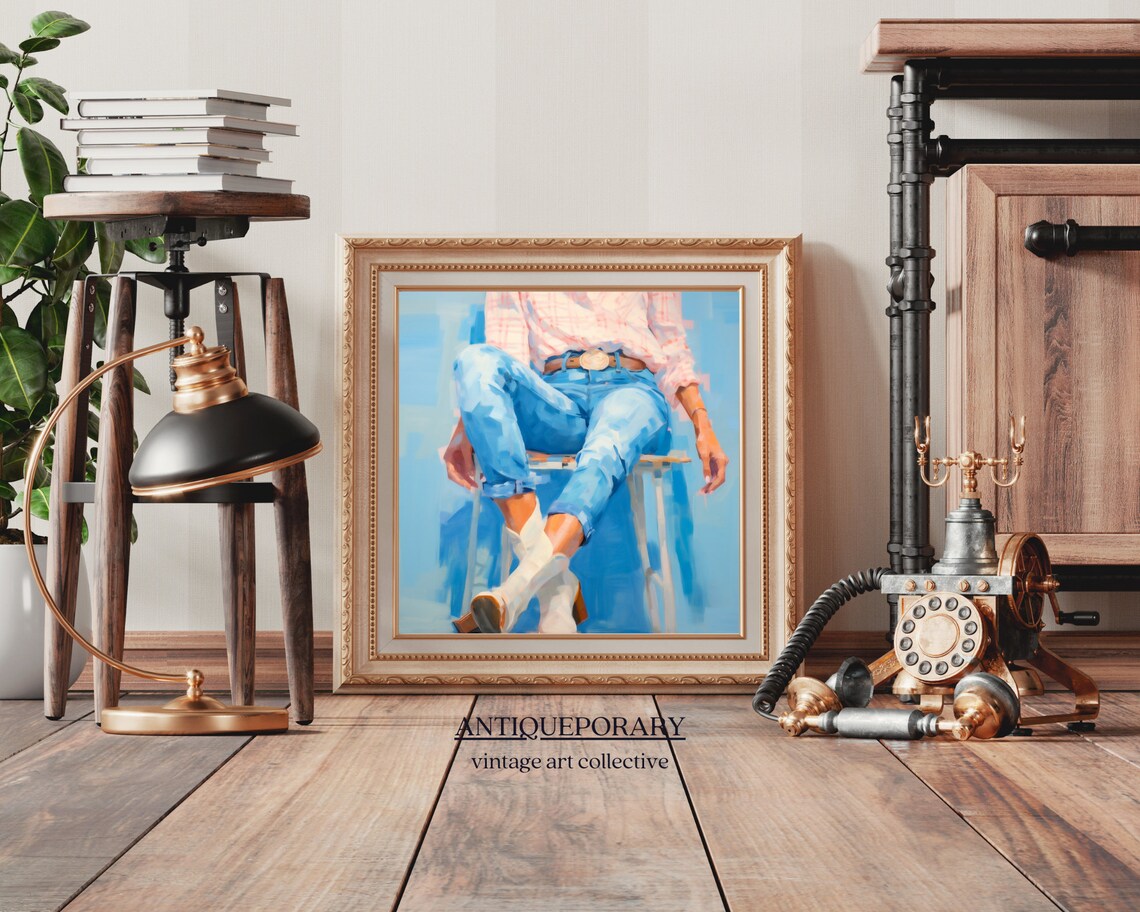Woman in Blue Jeans and White Cowboy Boots Seated Modern Painting Poster - Image 5