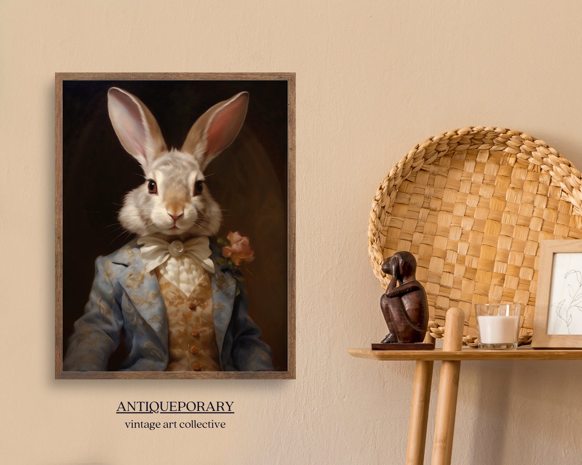 White Rabbit Gentleman Blue Brocade Coat Dapper Animal Portrait Poster - Image 2
