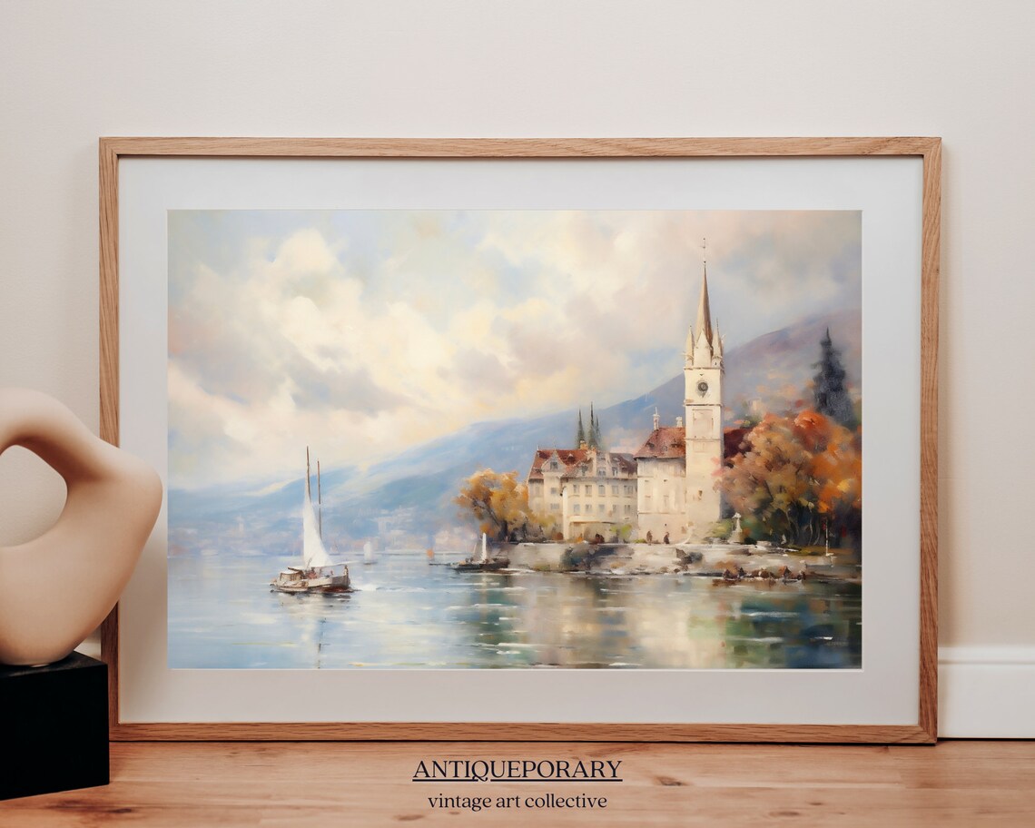 Lakeside European Town with Church Tower Sailboats Art Poster - Image 5