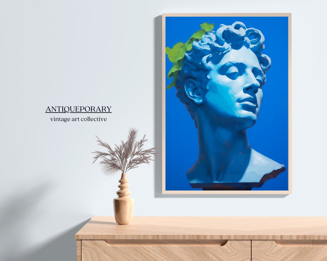 Blue Greek Bust Statue Laurel Leaves Vivid Blue Background Art Poster - Image 5