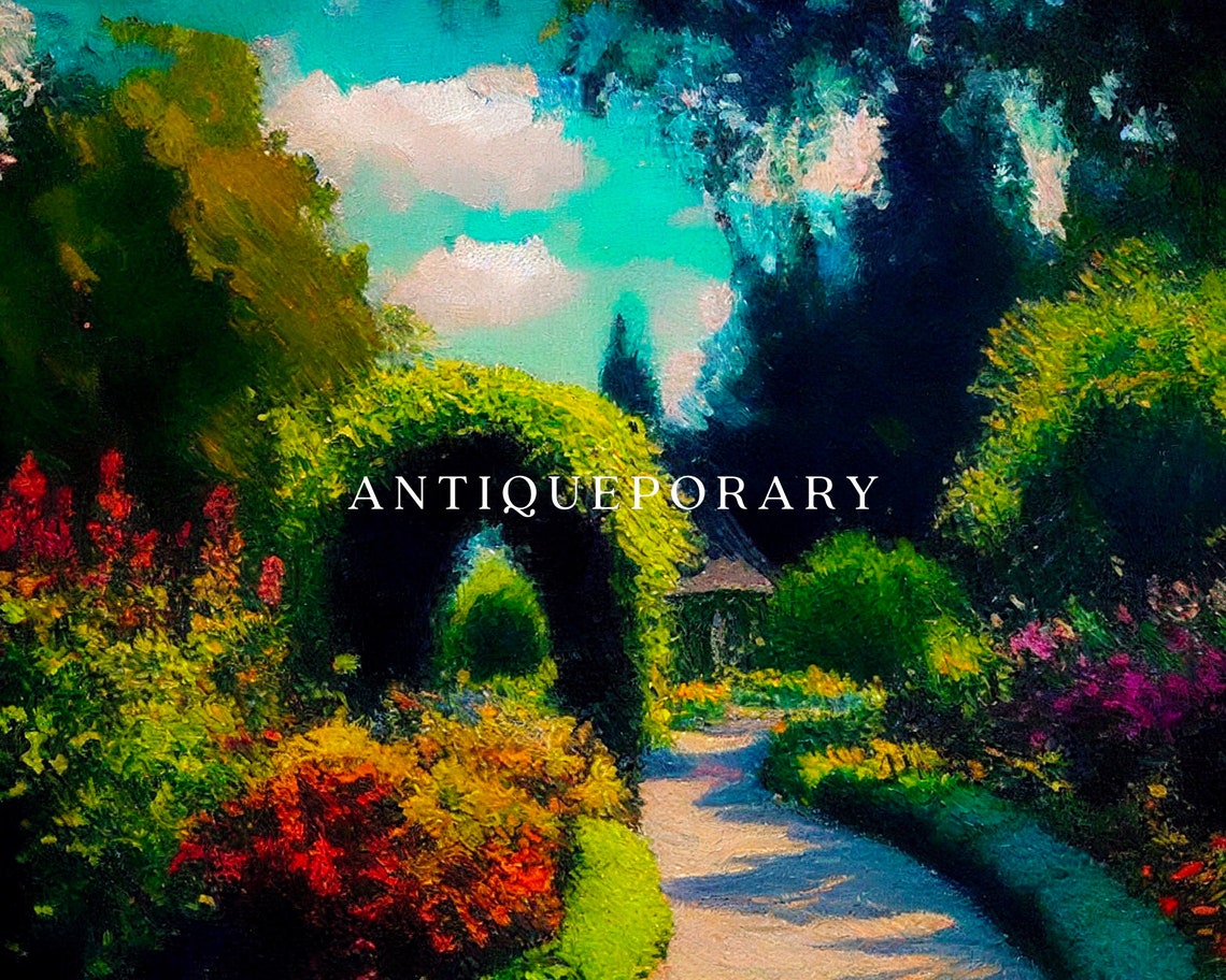 Vibrant Lush Flower Garden Path with Arched Hedge Tunnel Poster - Image 3