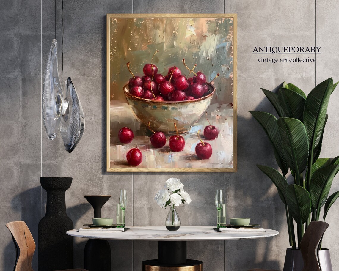 Country Rustic Red Cherry Bowl Still Life Oil Painting Poster - Image 5