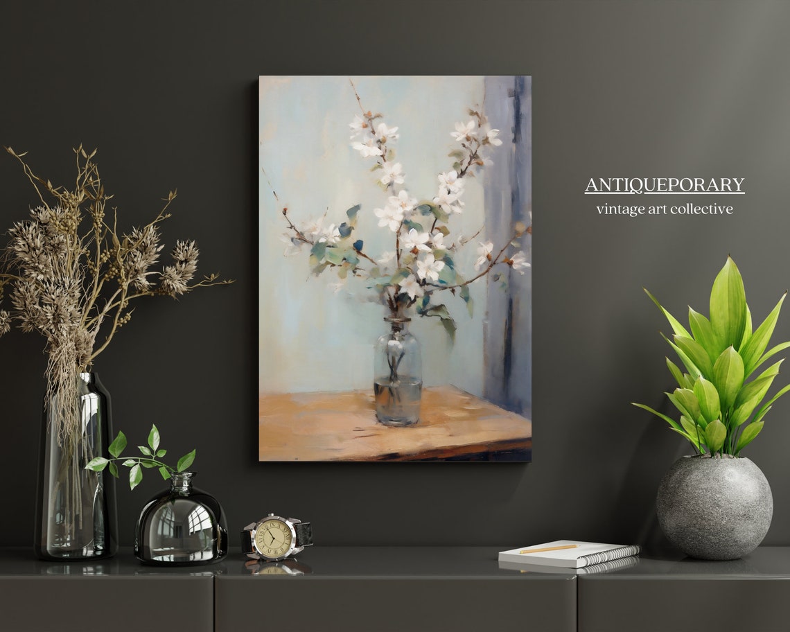 Flower Vase Still Life Painting Vintage Kitchen Print Neutral Flowers Oil Painting Farmhouse Decor Antique Still Life Painting - Image 3
