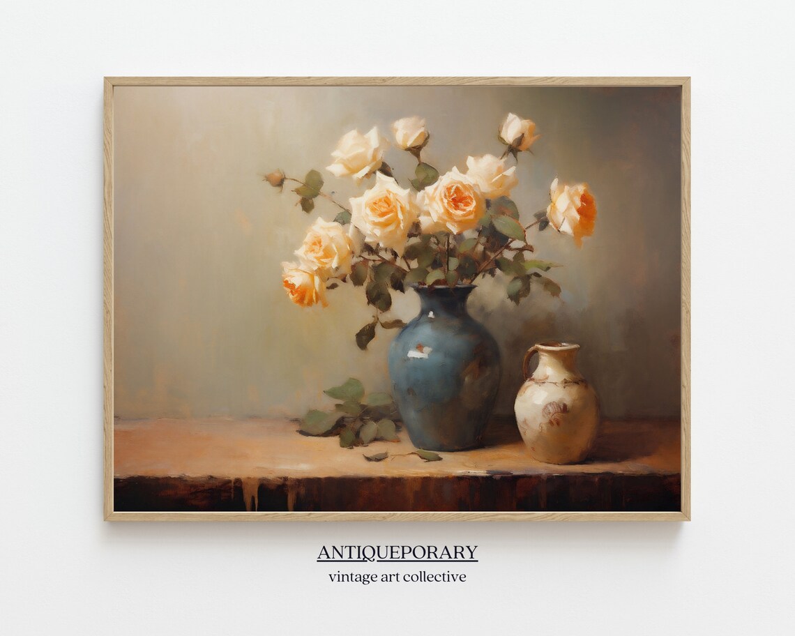 Flower Vase Still Life Oil Painting Vintage Kitchen Still Life Print Neutral Flowers Print Farmhouse Wall Decor Antique Still Life Print