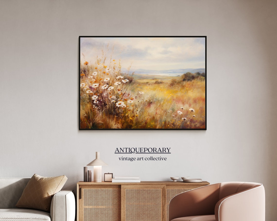 Golden Meadow Wildflowers with Lake and Hills Soft Light Art Poster - Image 7