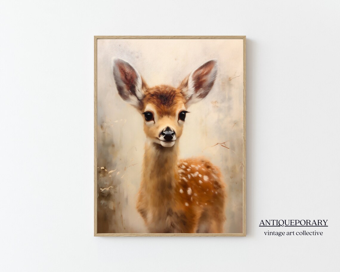 Baby Deer Fawn Portrait Soft Neutral Vintage Wildlife Painting Poster