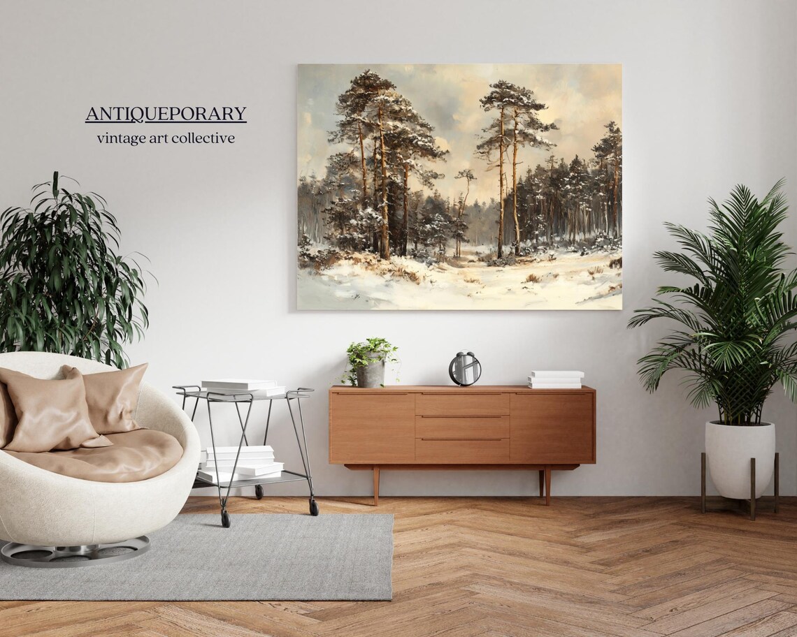 Snowy Pine Forest Winter Landscape Muted Vintage Painting Poster - Image 5