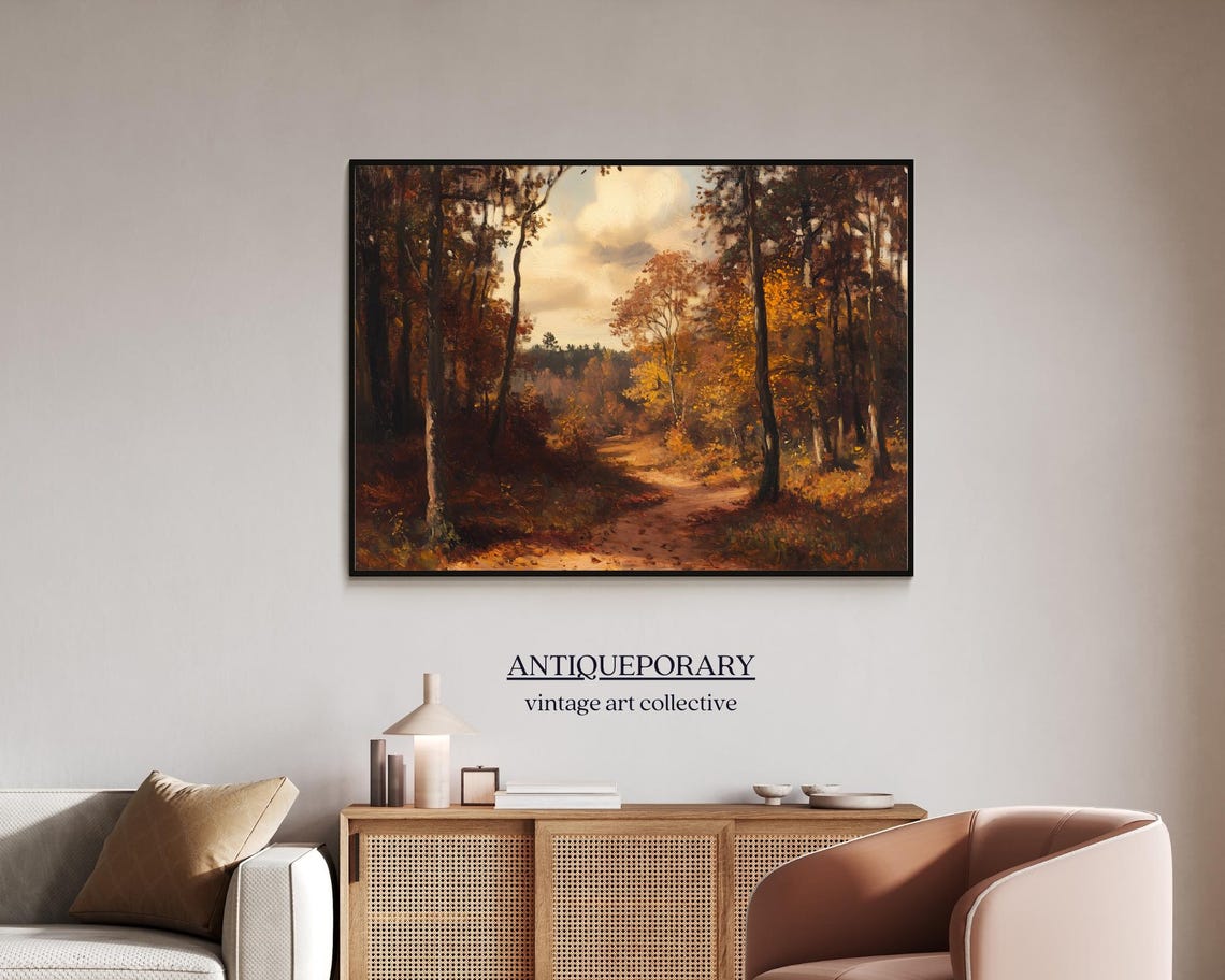 Autumn Forest Path Golden Trees Moody Fall Landscape Painting Poster - Image 7