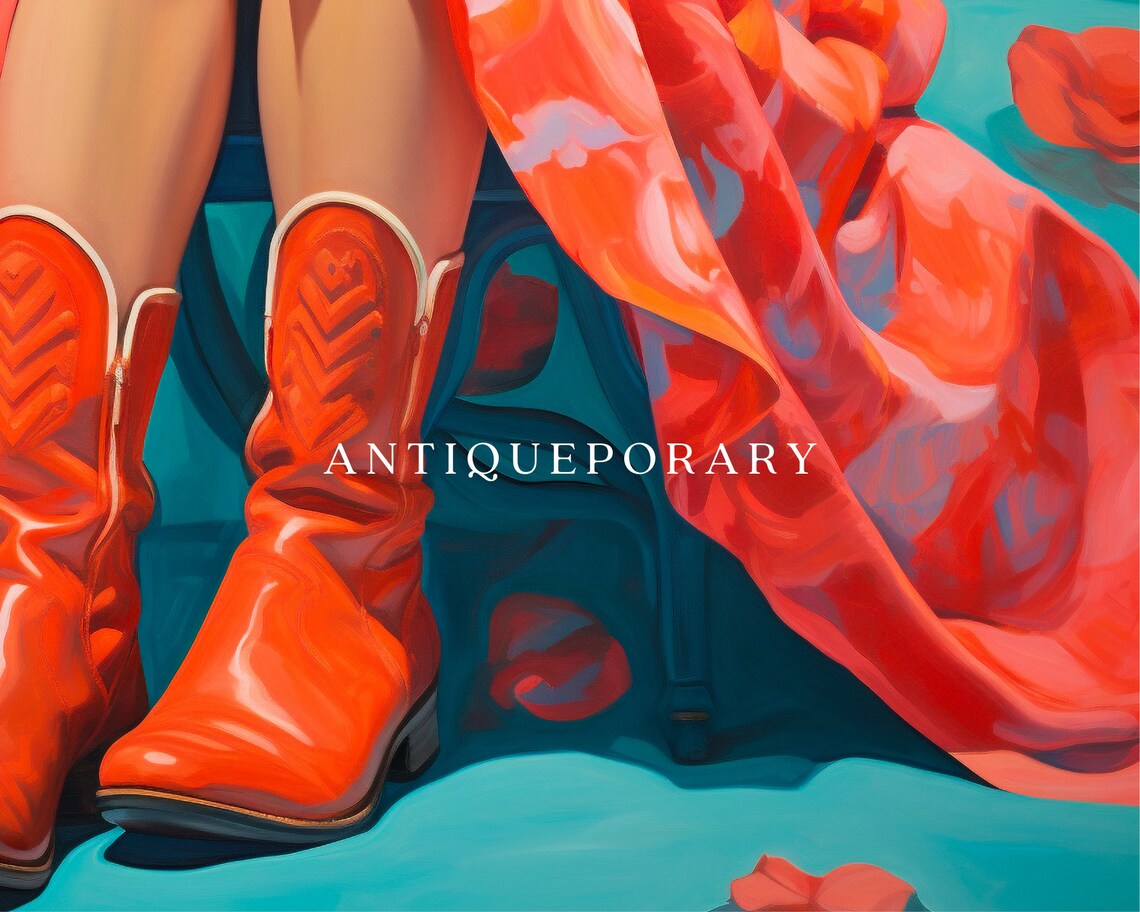 Red Cowboy Boots Painting Floral Dress Modern Fashion Art Poster - Image 2