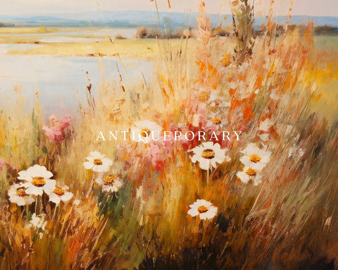 Sunlit Golden Wildflower Bank with Daisies by Calm Lake Poster - Image 2