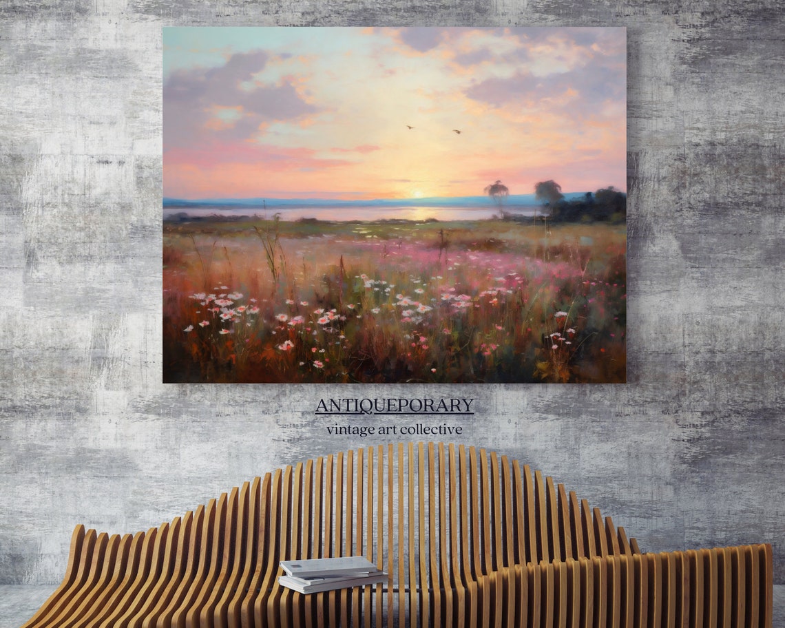 Sunset Wildflower Field Lake Reflection Impressionist Style Poster - Image 4
