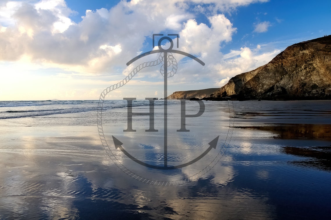 Porthtowan Beach Cornwall Wet Sand Cliffs Cloud Reflections Poster - Image 3