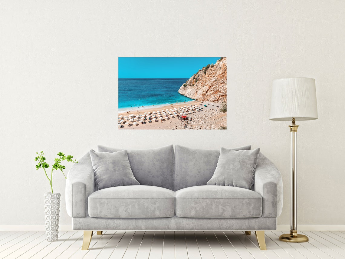 Kalkan Beach Turkey Turquoise Cove with Umbrellas and Cliff Poster - Image 2
