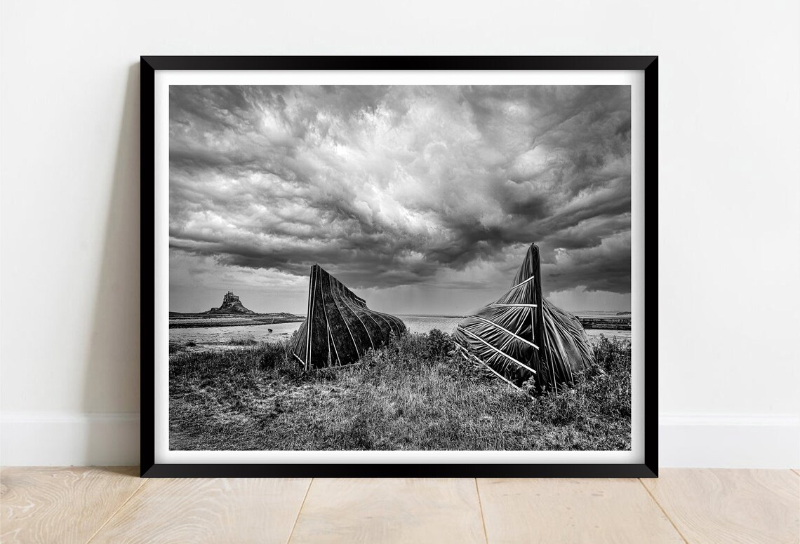 Lindisfarne Holy Island Upturned Boats Black And White Poster