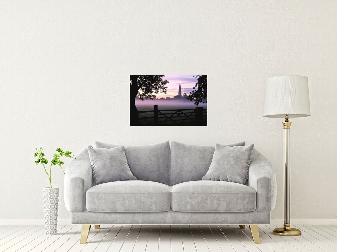 Salisbury Cathedral Misty Sunrise Art Print - Image 2